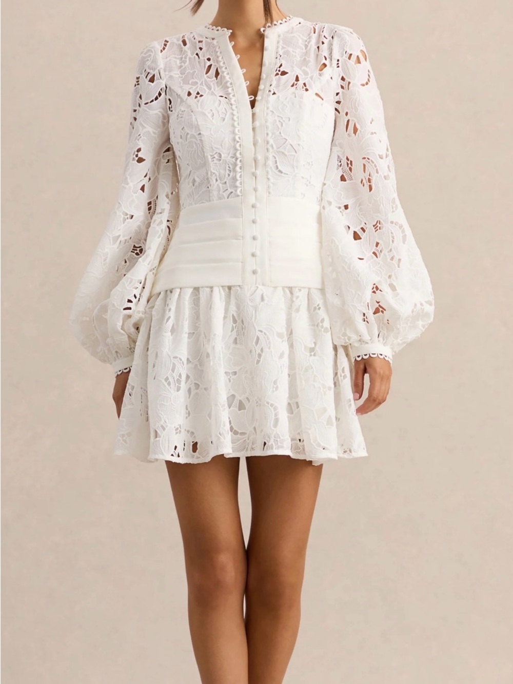 HELENA White V-Neck Mini Dress With Puff-Sleeves and Pleated Skirt